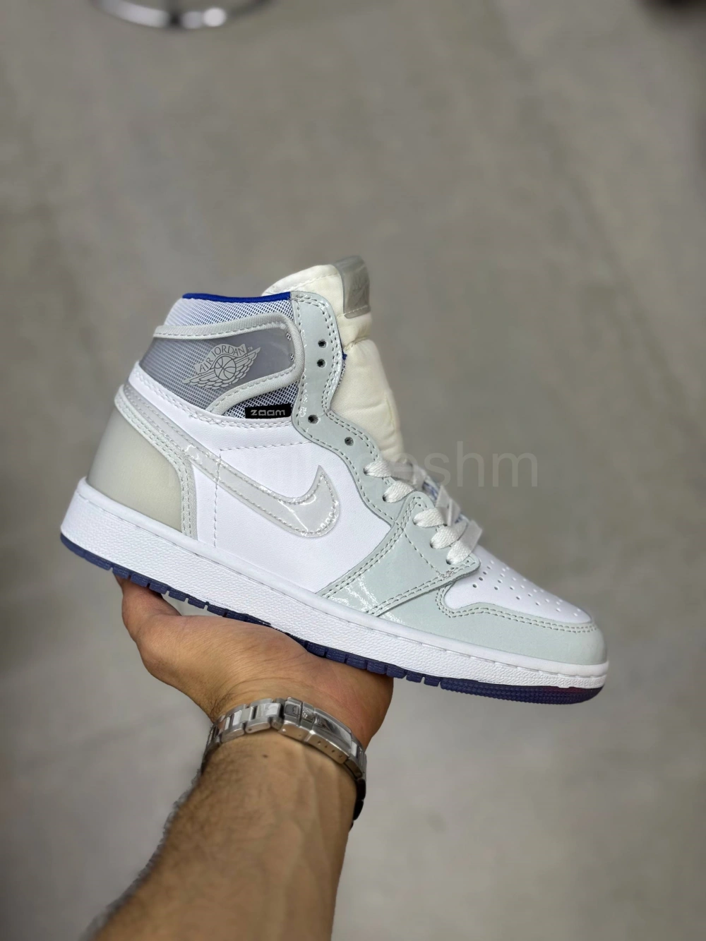 کفش جردن وان زوم ریسر سفید آبی ساقدار Jordan 1 High Zoom Racer